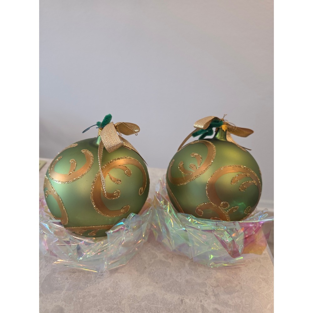Set of 2 Fine European Glass Christmas Ornaments Sage Green Gold Scroll Poland